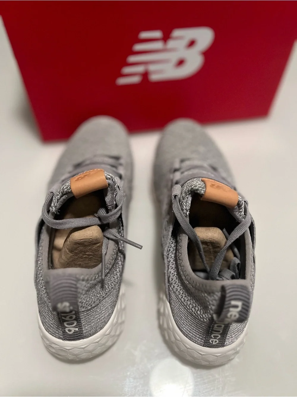 New Balance Men’s Grey Knit Sneakers with Tan Accent
